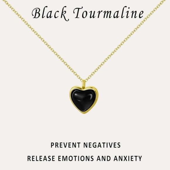 Jewelry - Black Tourmaline Heart Pendant Necklace Gold Chain Natural Gemstone